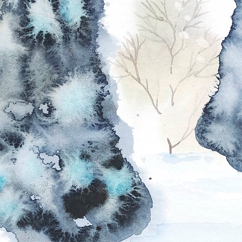 akwarela oryginalna Marta Konieczny sztuka nowoczesna najlepsza najpiękniejsza galeria polska ilustracja na prezent dla kobiety na urodziny na zamówienie do salonu do nowoczesnego wnętrza na ścianę pejzaż zimowy niebieski błękitny turkusowy biały śnieg zi